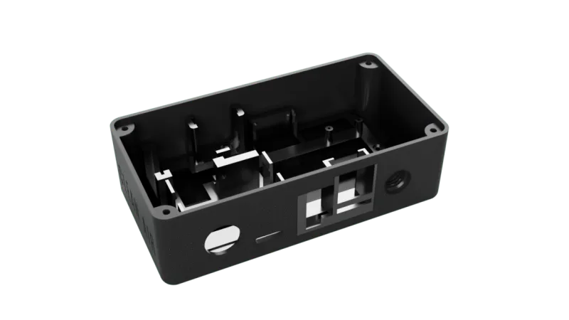 Enclosure with lid removed, showing internal layout